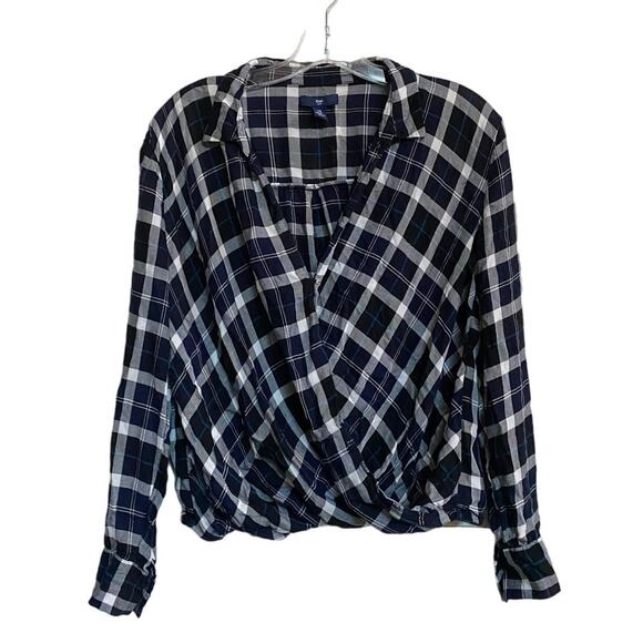 Gap Surplice Wrap-Front Shirt in Navy/White/Blue Plaid M - Picture 9 of 9